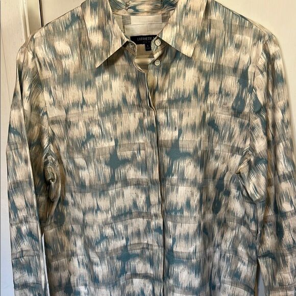 Lafayette 148 100% Cotton Patterned Blue White Button Up Fall Winter Shirt - Picture 7 of 12